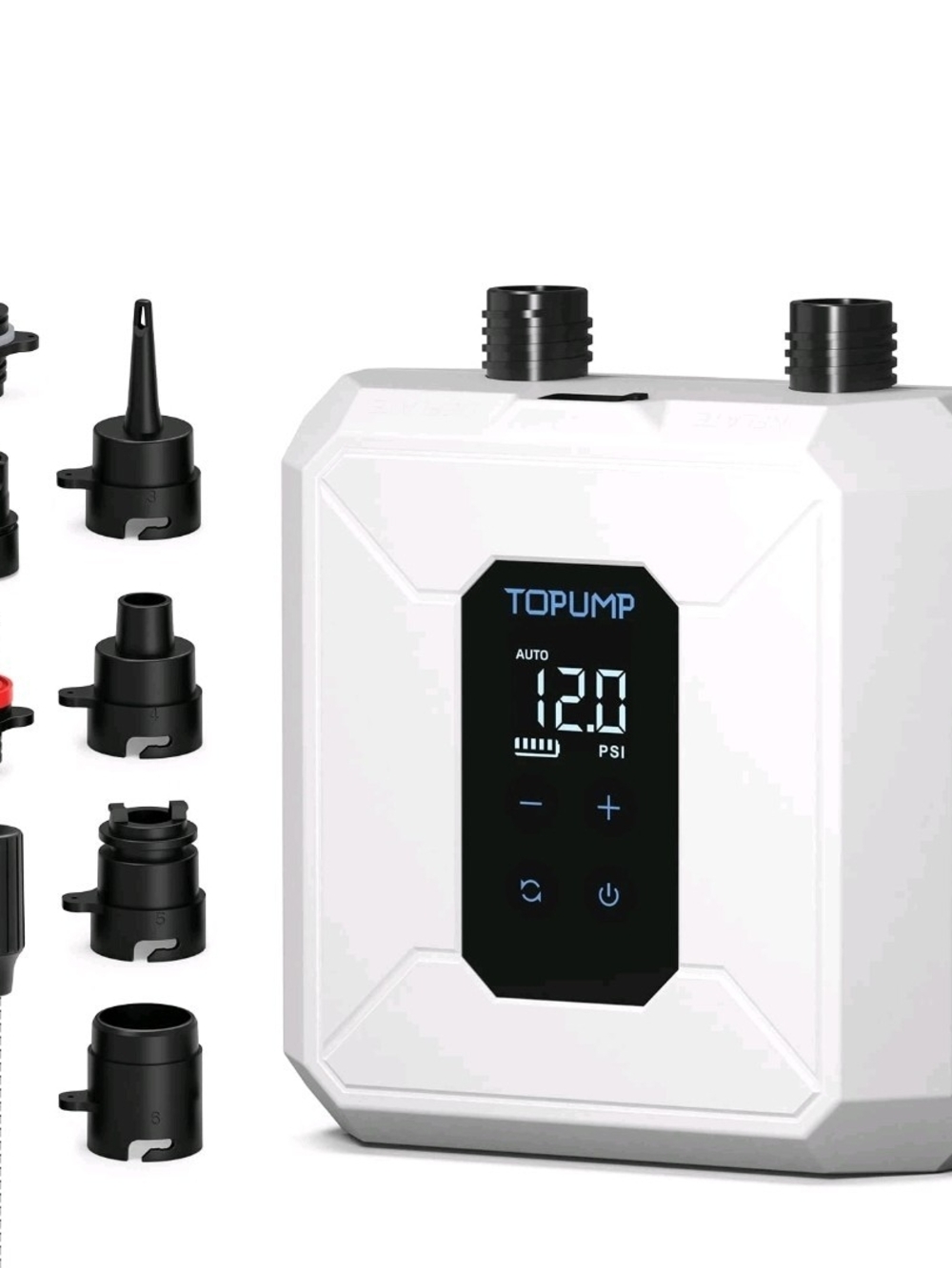 TOPUMP Cordless Electric SUP Pump 20 PSI Rechargeable Auto Shutoff 7 Nozzles